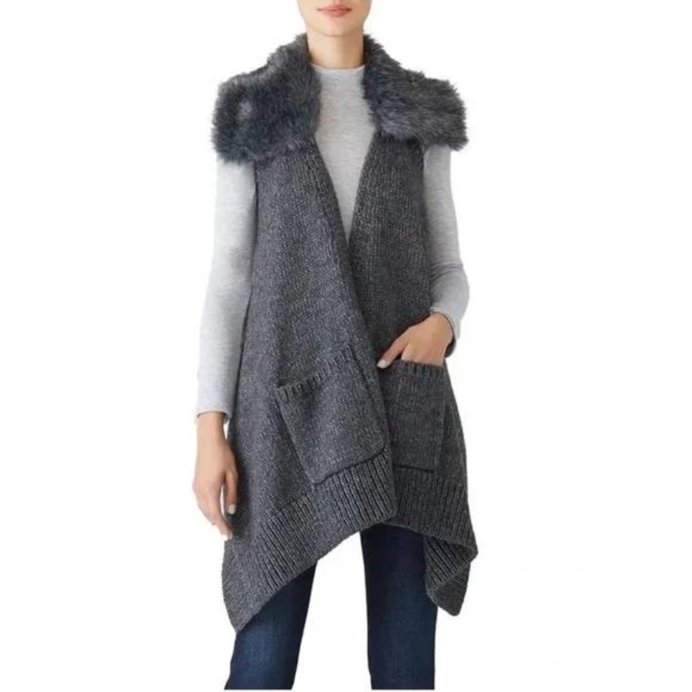 Kaufman Franco Mob Wife Faux Fur Collar Waterfall Draped Knit Vest Womens Large